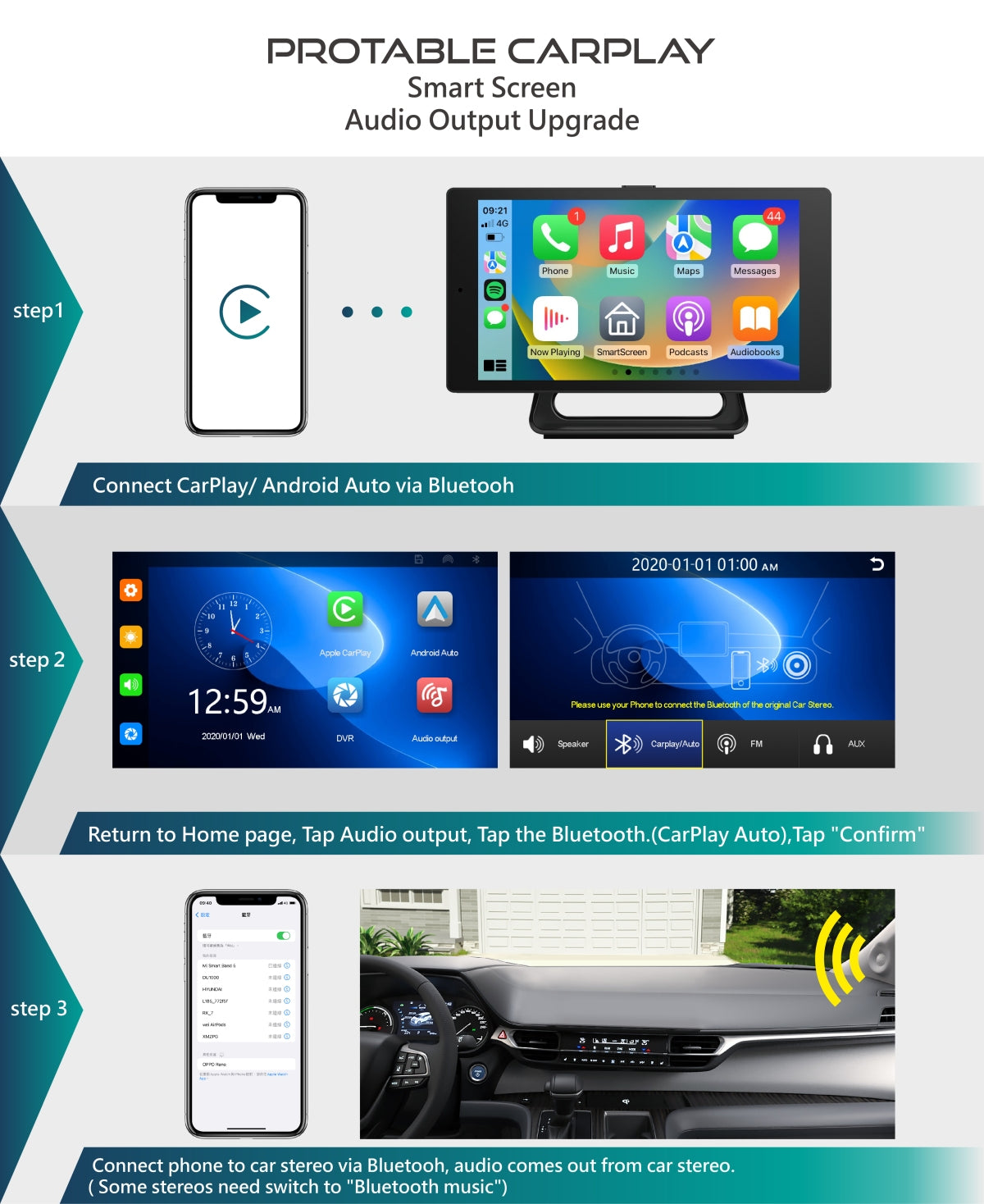 R12 Dual Lens Dashcam CarPlay Bluetooth audio output 5-inch Driving Recorder with CarPlay Android Auto