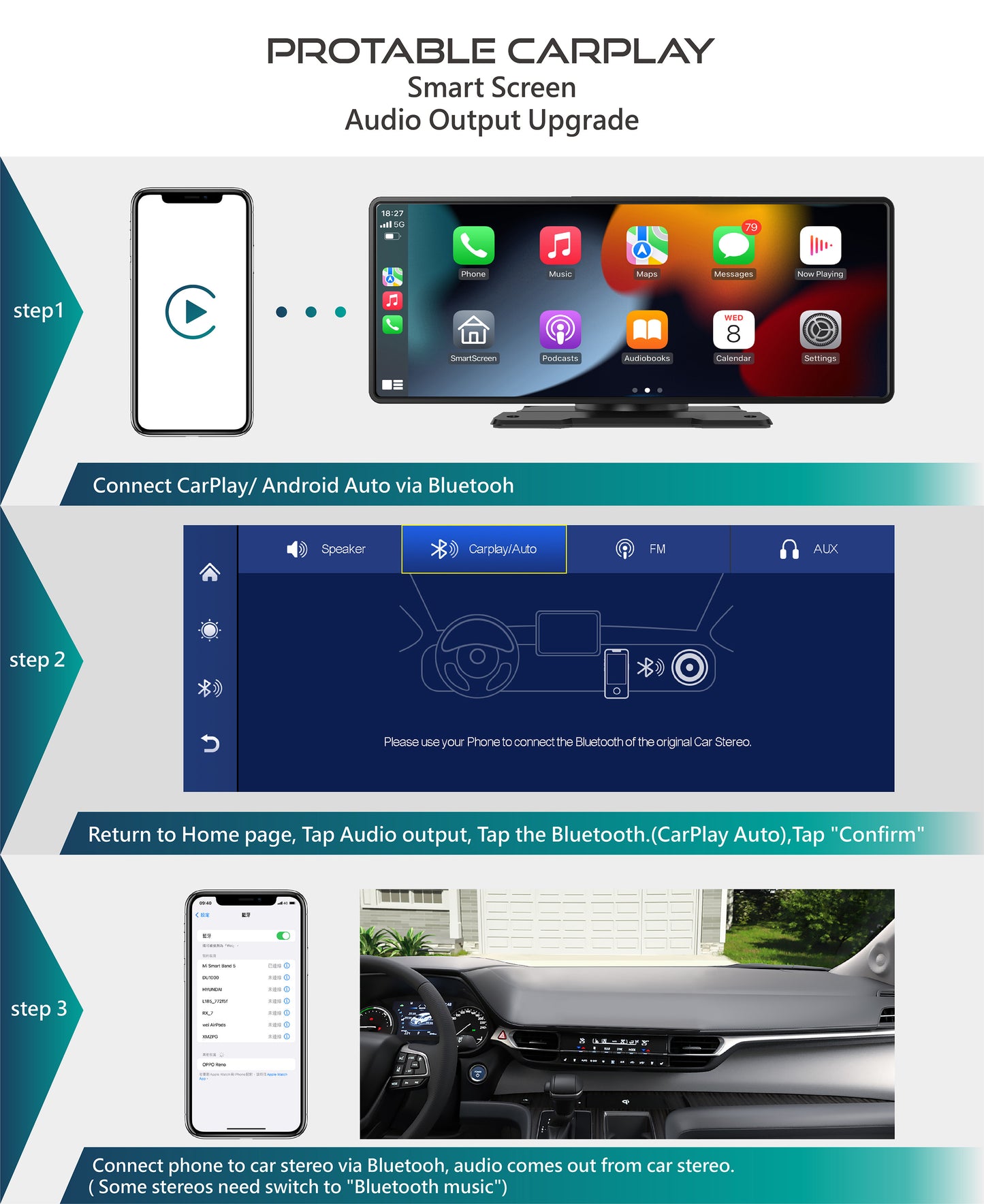 RX10 Portable CarPlay - 10-inch Smart Screen of wireless CarPlay Android Auto Navigation Infotainment