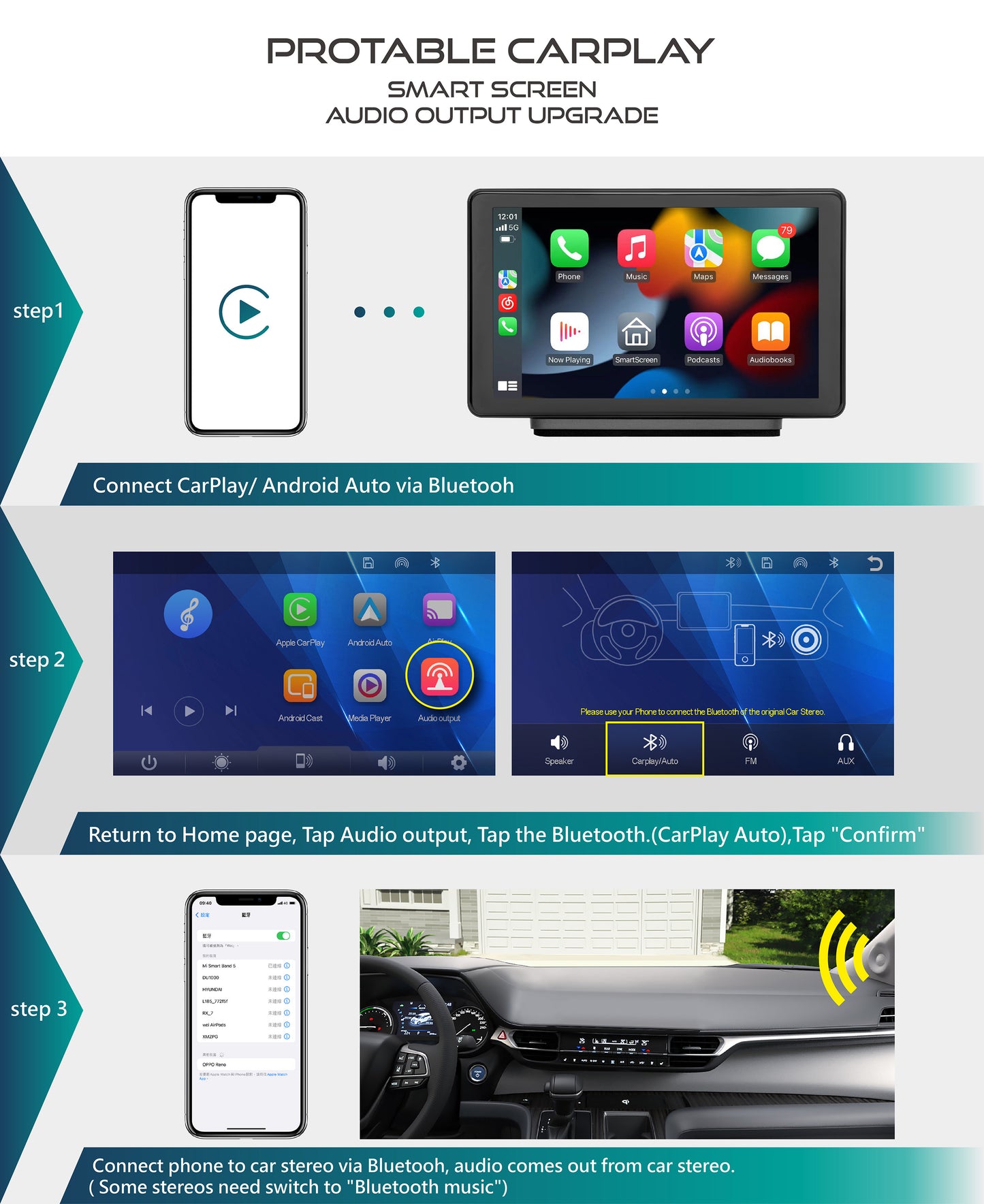 RX7 Portable CarPlay - 7-inch Smart Screen of wireless CarPlay Android Auto Navigation Infotainment