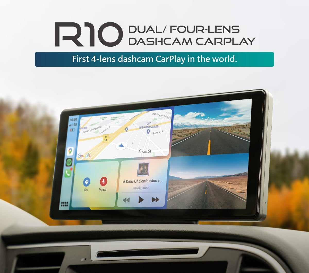 R10 Dashcam CarPlay - 10.36inch 2/4 Lens Dashcam with wireless CarPlay Android Auto