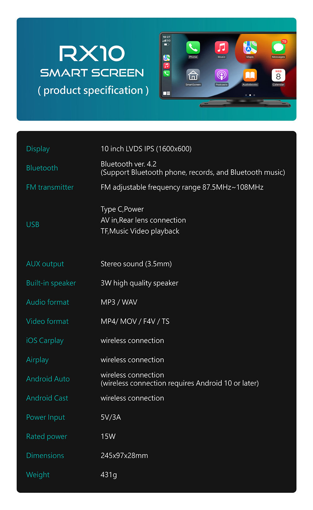 RX10 Portable CarPlay - 10-inch Smart Screen of wireless CarPlay Android Auto Navigation Infotainment