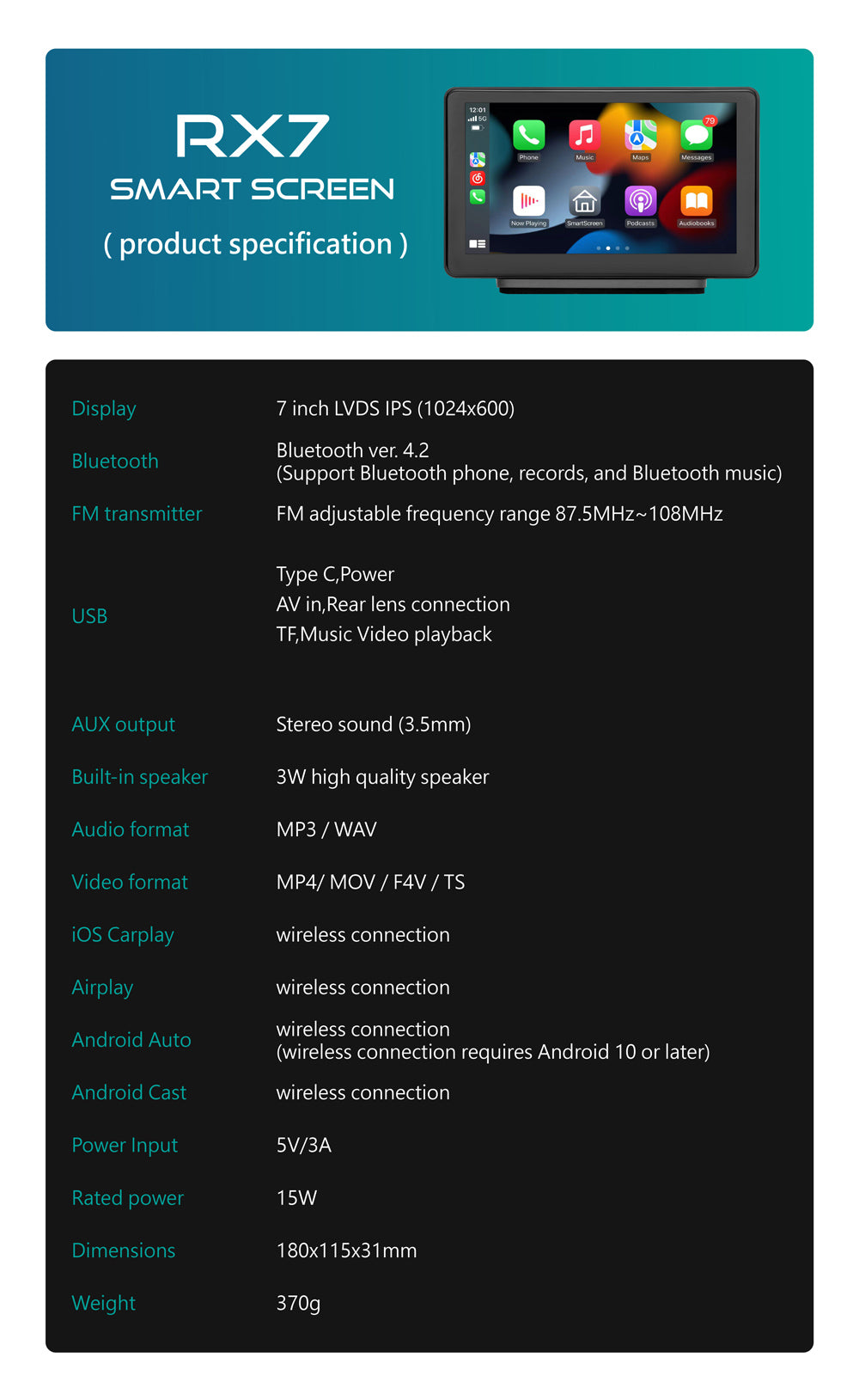 RX7 Portable CarPlay - 7-inch Smart Screen of wireless CarPlay Android Auto Navigation Infotainment