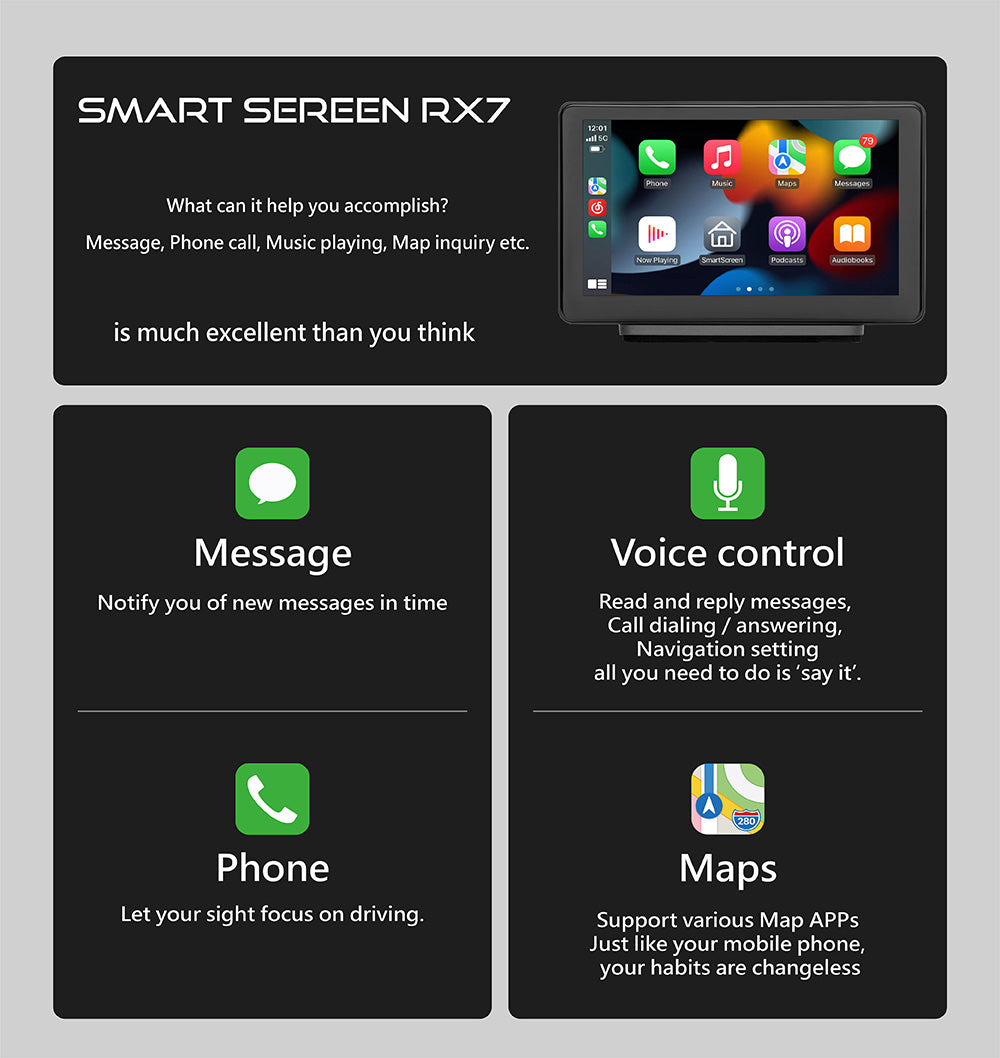 RX7 Portable CarPlay - 7-inch Smart Screen of wireless CarPlay Android Auto Navigation Infotainment