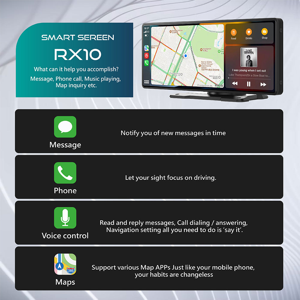 RX10 Portable CarPlay - 10-inch Smart Screen of wireless CarPlay Android Auto Navigation Infotainment