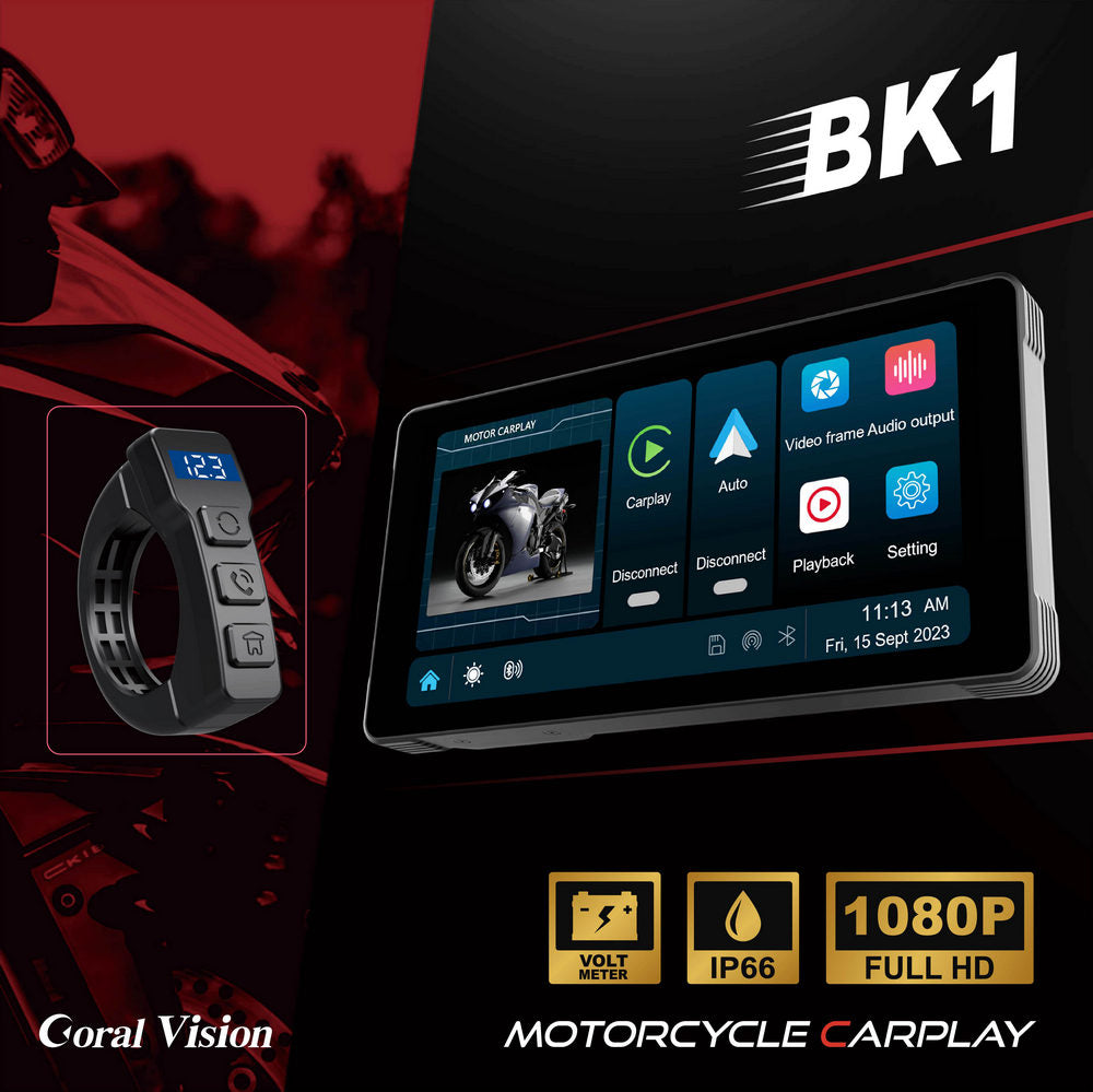 BK1 Motorcycle Dashcam CarPlay Two Camera Line Controller Waterproof IP66