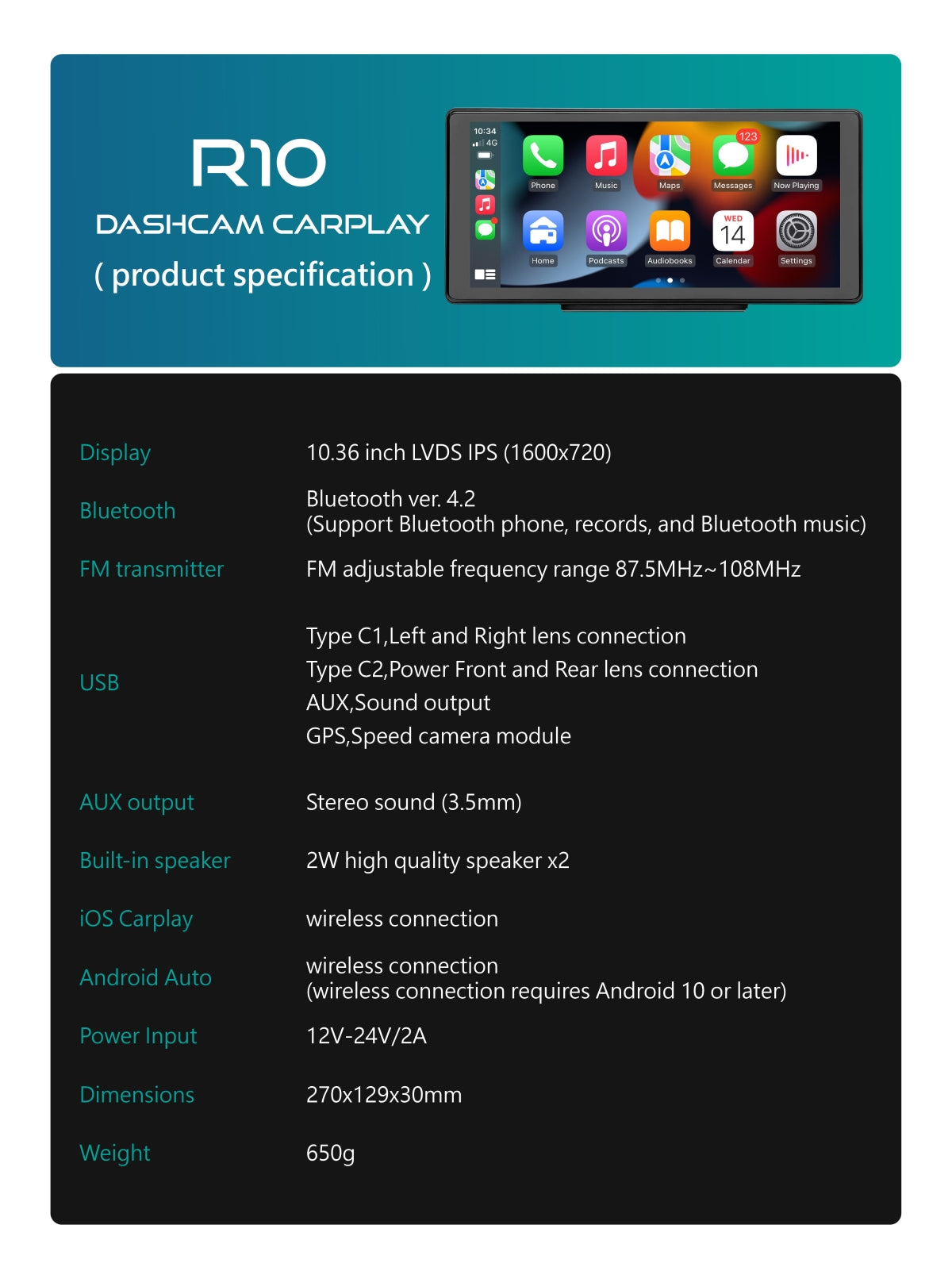 R10 Dashcam CarPlay - 10.36inch 2/4 Lens Dashcam with wireless CarPlay Android Auto