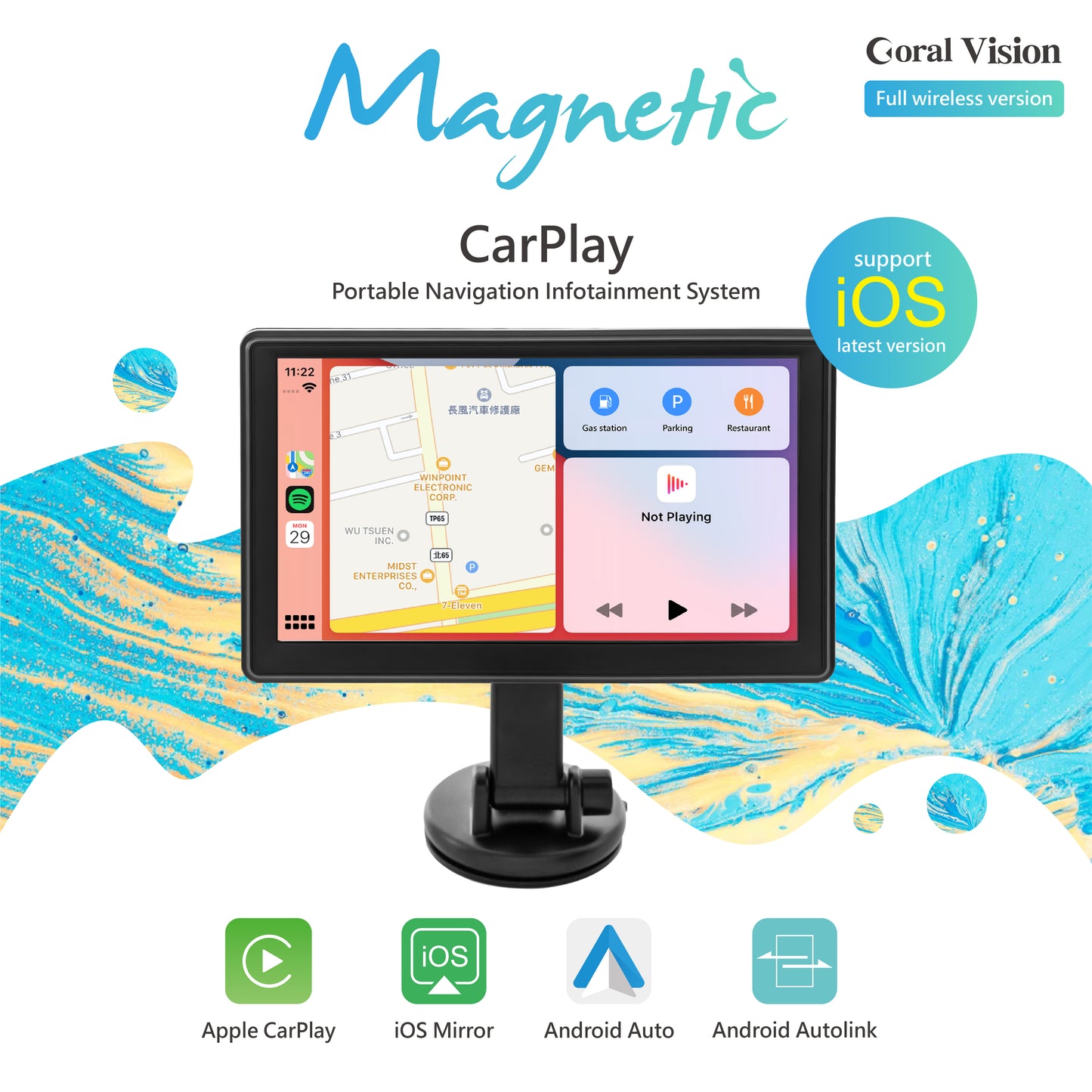 Coral Vision Wireless Lite Magnetic - CarPlay Dashboard Console (Slim Light Version) - Navigation, Communications, Infotainment Quick DIY-installation System