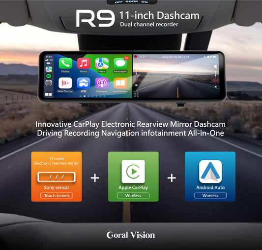 R9 Mirror Dashcam - Dual-lens 4K Dashcam wireless CarPlay