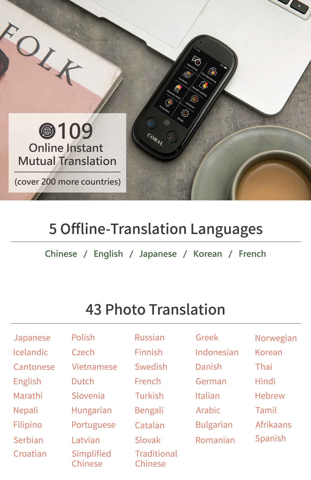 UN3 - Bi-Directional Language/Photo Translator, 0.2 second Fast, WIFI/Offline Supported